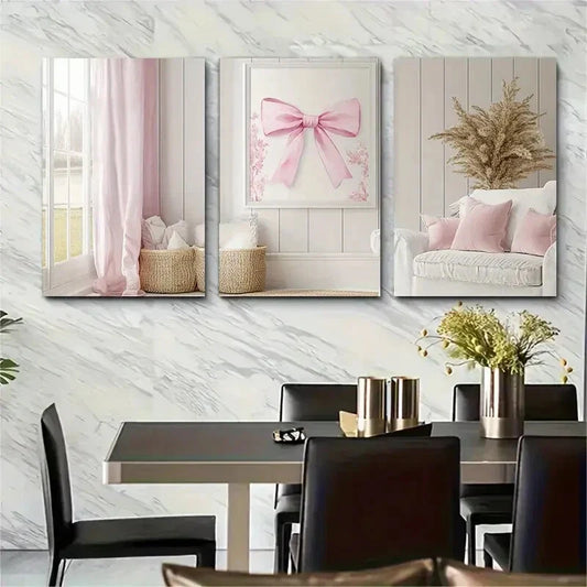 3pcs Featuring a Pink Bow Chinoiserie Design Metal Print Ready to Hang Art