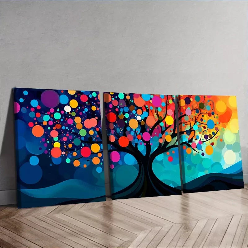 3pcs Vibrant Tree with Circles & Dots Design Wall Art Set Canvas Framed 40x60cm - High Quality Print 100% Australian Made Wall Canvas Ready to Hang