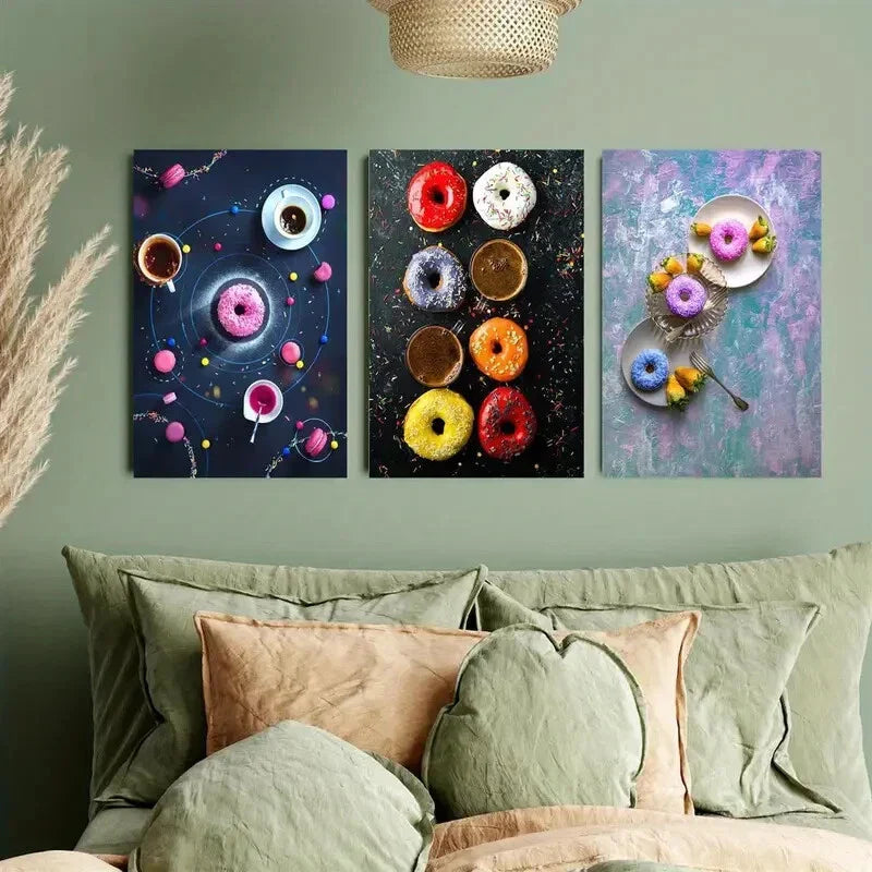 3pcs Vibrant Space & Donut Metal Print Ready to Hang Art