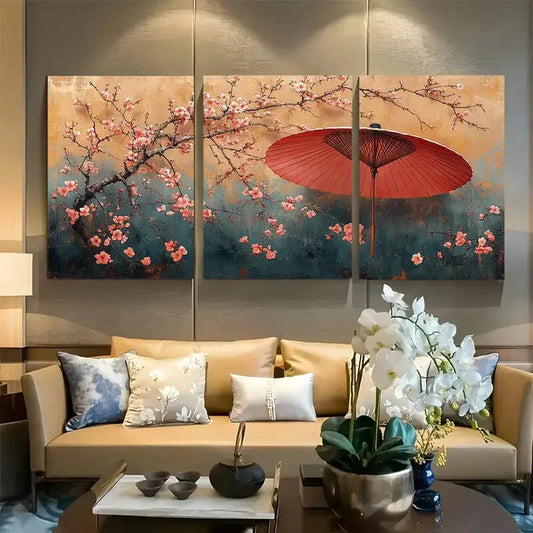 3pcs Pink Sakura Blossoms with Red Umbrella Metal Print Ready to Hang Art