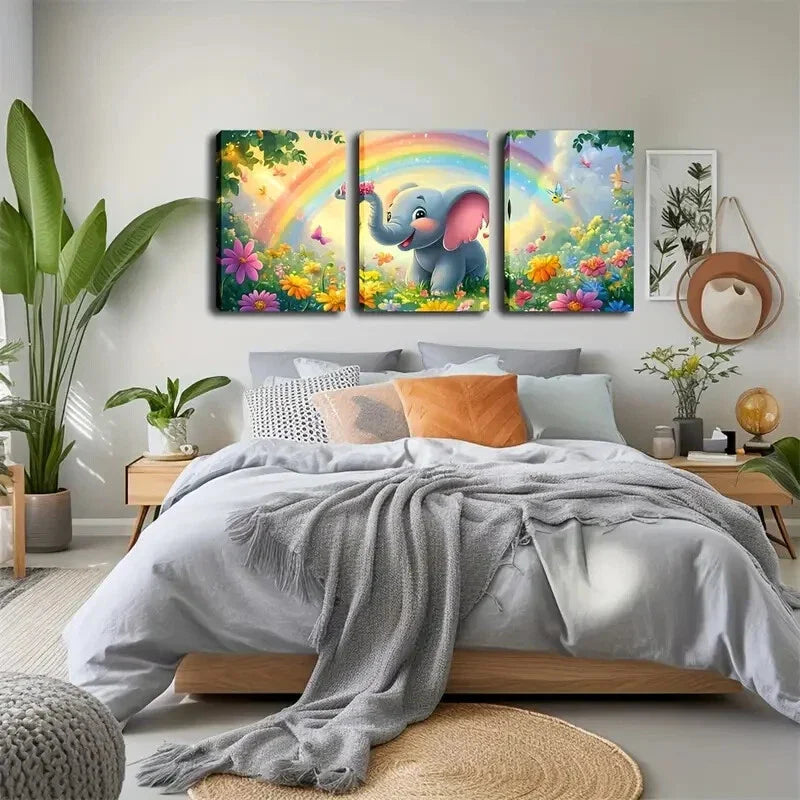 3pcsBaby Elephant and Floral Cartoon Design Wall Art Set Canvas Framed 40x60cm - High Quality Print 100% Australian Made Wall Canvas Ready to Hang