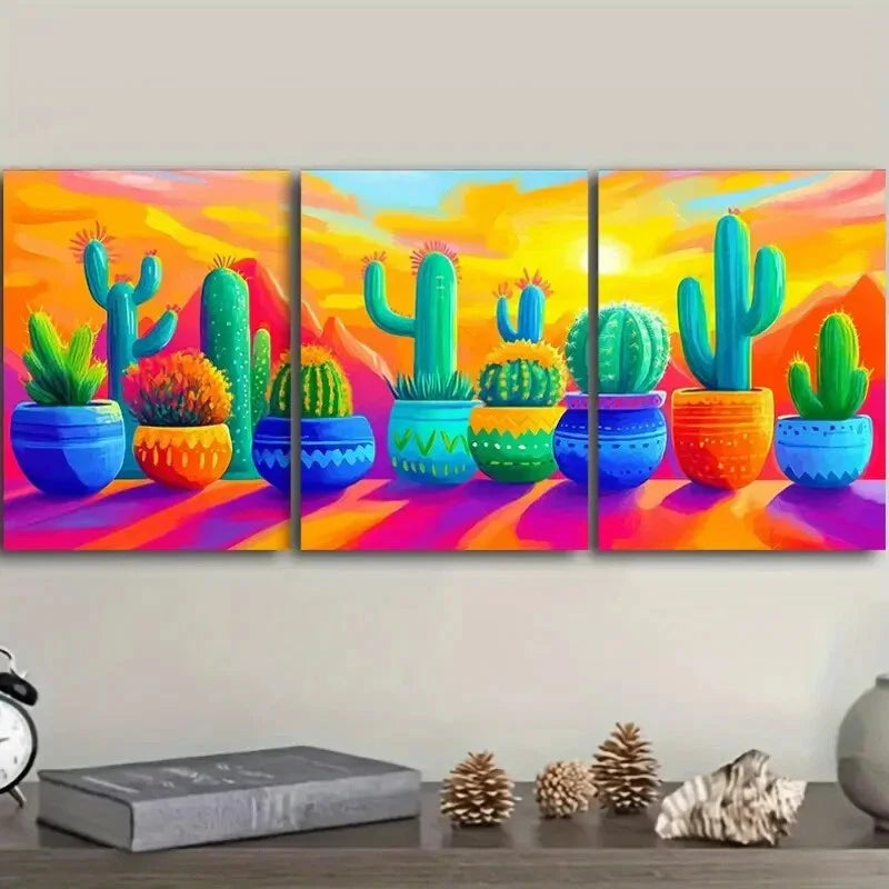 3pcs Cactus in colorful flower POTS Wall Art Set Canvas Framed 40x60cm - High Quality Print 100% Australian Made Wall Canvas Ready to Hang