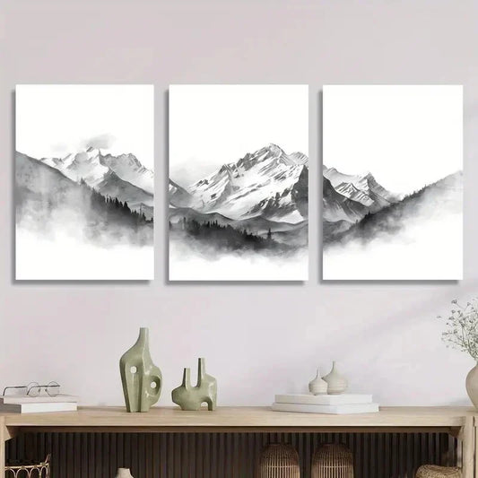 3pcs Snow-Capped Peaks and Foggy Forest Metal Print Ready to Hang Art