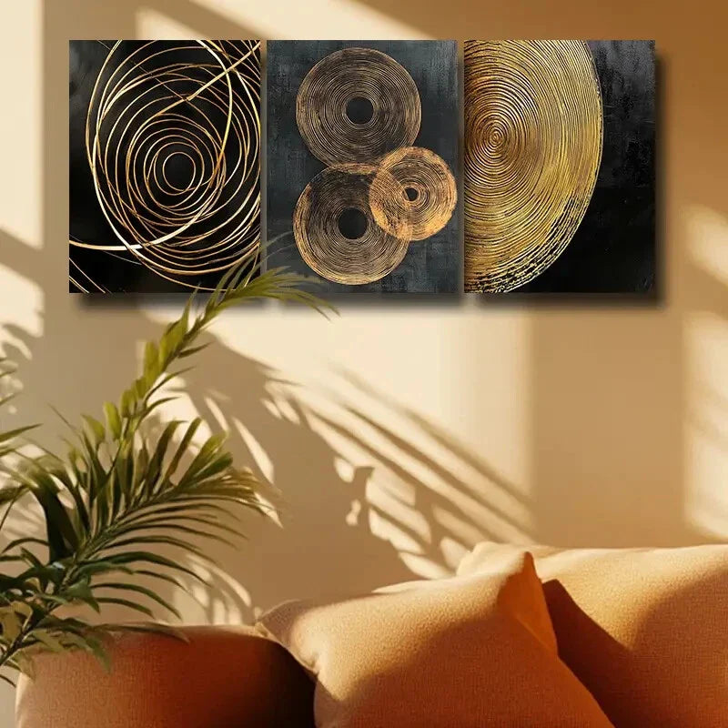 3pcs Concentric Circles Design in Black and Golden Metal Print Ready to Hang Art