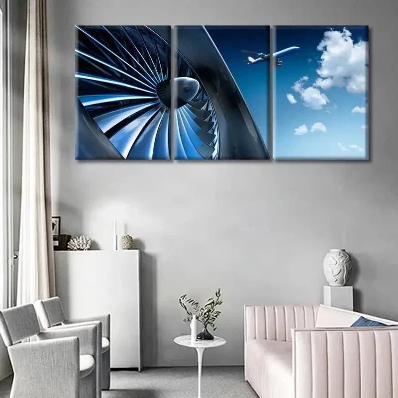 3pcs Airplane Turbine & Sky Aviation Metal Print Ready to Hang Art