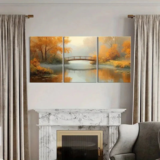 3pcs Autumn Scenery with Bridge Over River Metal Print Ready to Hang Art