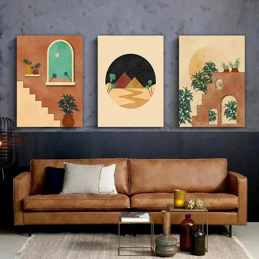 3pcs Orange Red Desert Palm & Pyramid Metal Print Ready to Hang Art