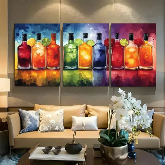 3pcs Colorful Bottles and Drinks Modern Bar Decor Metal Print Ready to Hang Art