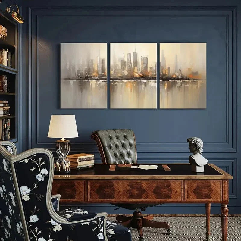 3pcs Golden-Toned Urban Skyline Abstract Metal Print Ready to Hang Art