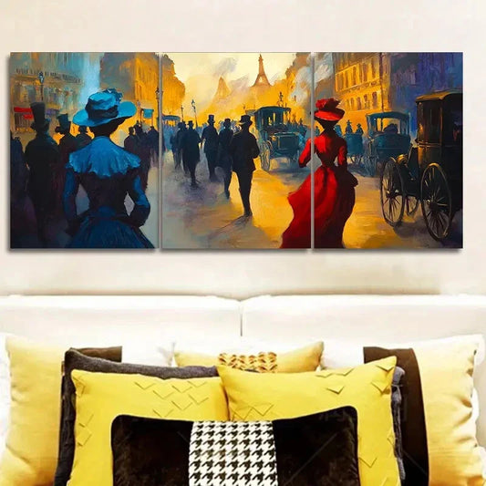 3pcs People in the Market Art Painting Metal Print Ready to Hang Art