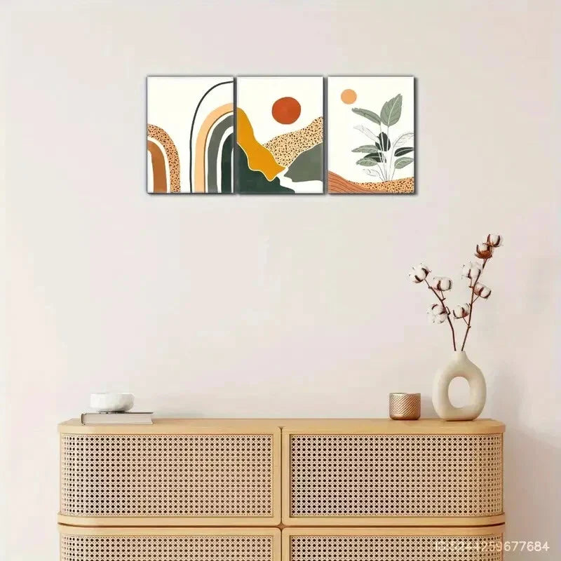 3pcs Sun Mountain Plant Geometric Pattern Art Metal Print Ready to Hang Art