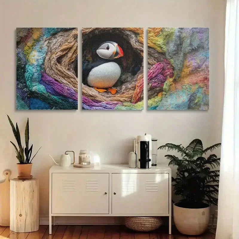 3pcs Sea Parrot Yarn Craft Puffin In A Tree Metal Print Ready to Hang Art