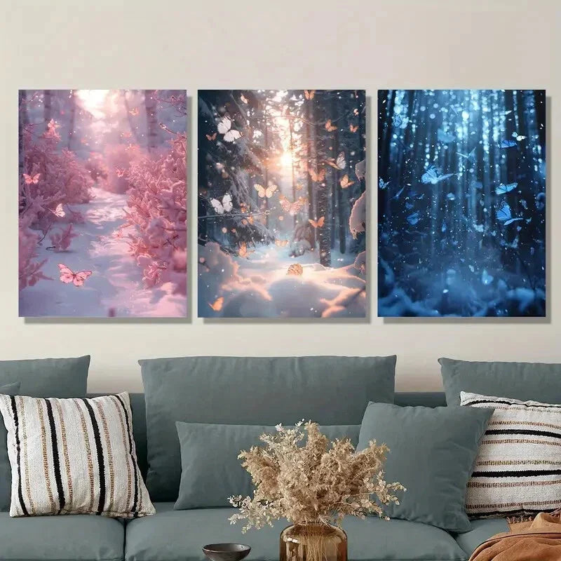 3pcs butterfly poster in the forest, blue and pink Metal Print Ready to Hang Art
