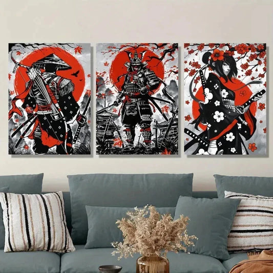 3pcs Samurai Ink Painting Japanese Metal Print Ready to Hang Art