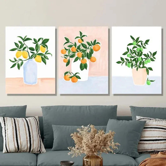 3pcs Lime Tree in Vase, Watercolor Plant Metal Print Ready to Hang Art