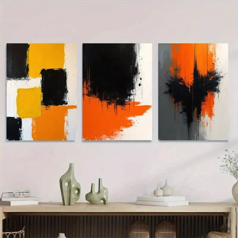 3pcs Black, Orange & Yellow Geometric Patterns Metal Print Ready to Hang Art