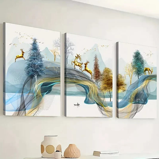 3pcs Modern Geometric Abstract Line Deer Forest Wall Art Set Canvas Framed 40x60cm - High Quality Print 100% Australian Made Wall Canvas Ready to Hang