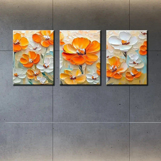 3pcs Vibrant Orange & White Flower Canvas Art Metal Print Ready to Hang Art