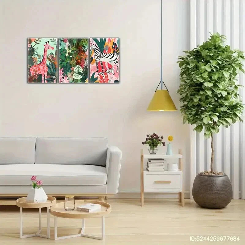 3pcs Giraffe zebra Animals in the Forest Metal Print Ready to Hang Art
