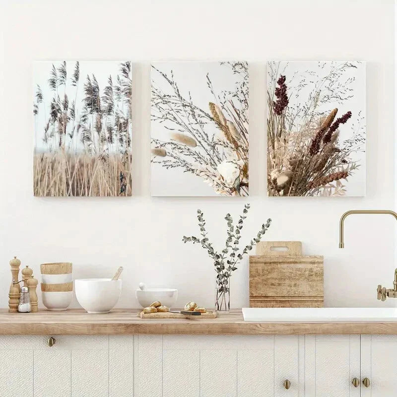 3pcs Nordic Minimalist Style Swinging Reed Metal Print Ready to Hang Art