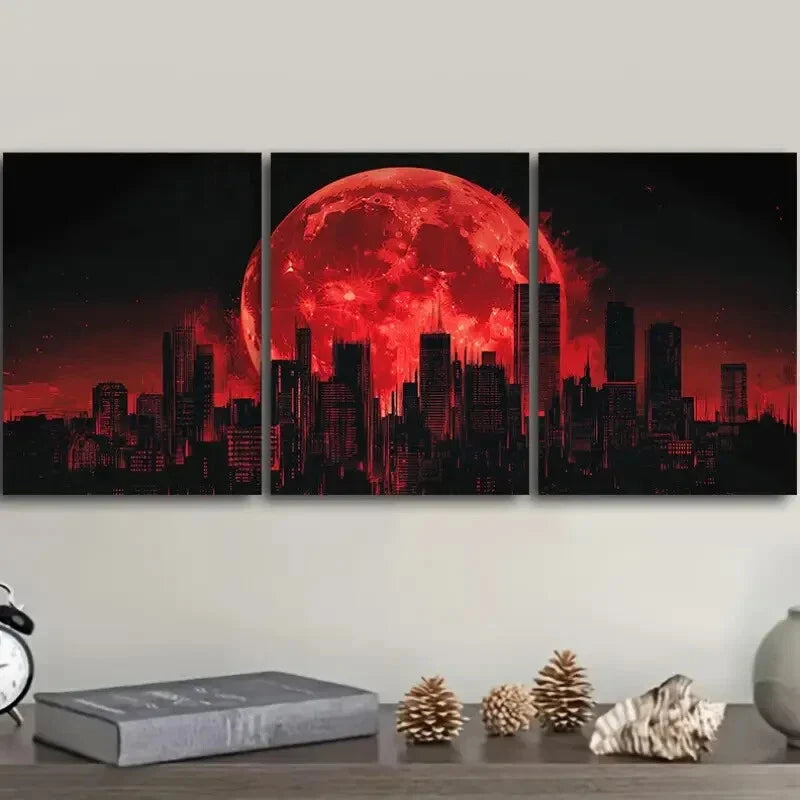3pcs Big Red Moon Over Cityscape Wall Art Set Canvas Framed 40x60cm - High Quality Print 100% Australian Made Wall Canvas Ready to Hang
