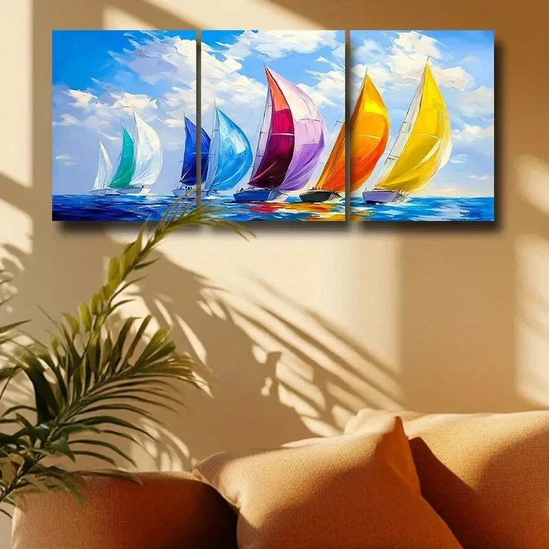 3pcs Vibrant Sailboats in the Water Metal Print Ready to Hang Art