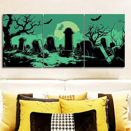 3pcs Graveyard Halloween Theme, Wall Art Set Canvas Framed 40x60cm - High Quality Print 100% Australian Made Wall Canvas Ready to Hang