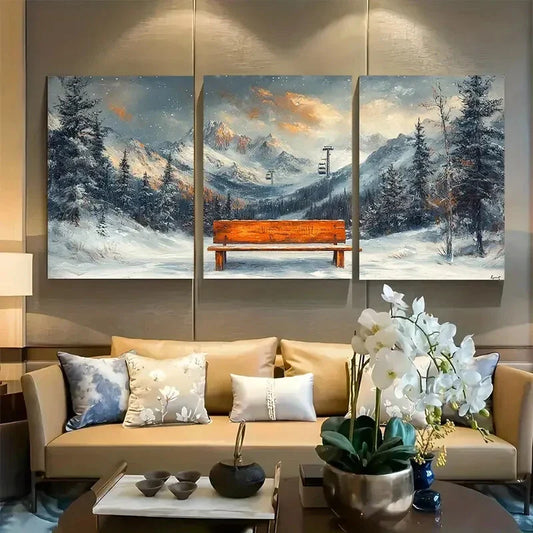 3pcs Snowy Ski Lift Serene Winter Mountain Metal Print Ready to Hang Art