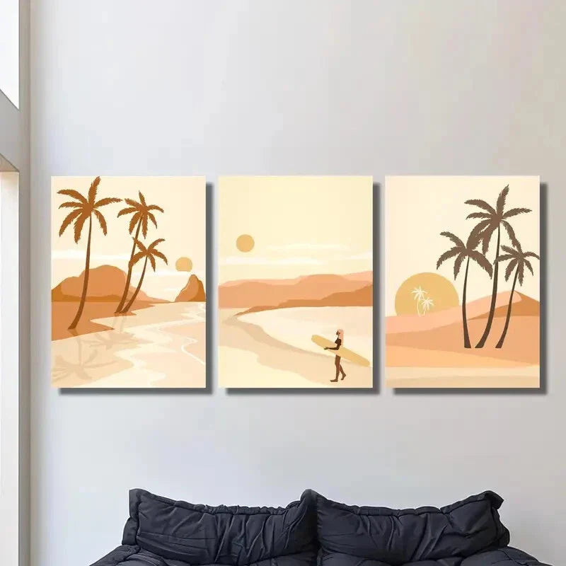 3pcs Palm Trees at Sunset, Surfers on the Shore Metal Print Ready to Hang Art