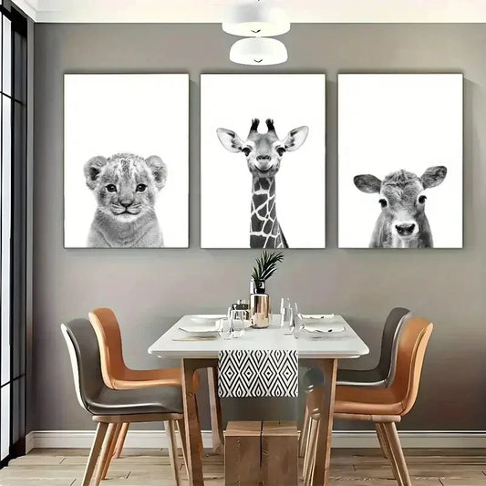 3pcs Modern Lion Cub Giraffe & Cow Prints Metal Print Ready to Hang Art