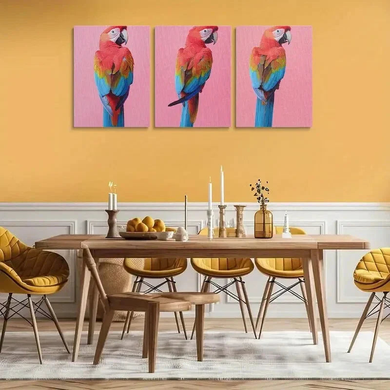 3pcs Vibrant Red Parrots with Blue Tails Metal Print Ready to Hang Art