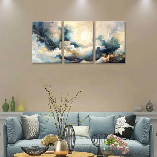3pcs Abstract Blue & Golden Marble Metal Print Ready to Hang Art