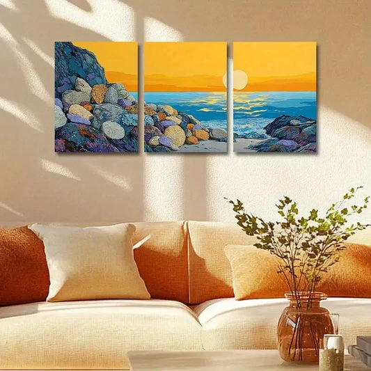 3pcs Vibrant Beach Scene with Rocks & Ocean Metal Print Ready to Hang Art
