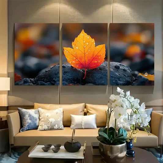 3pcs Autumn Leaf Resting On Ground Close Up Metal Print Ready to Hang Art