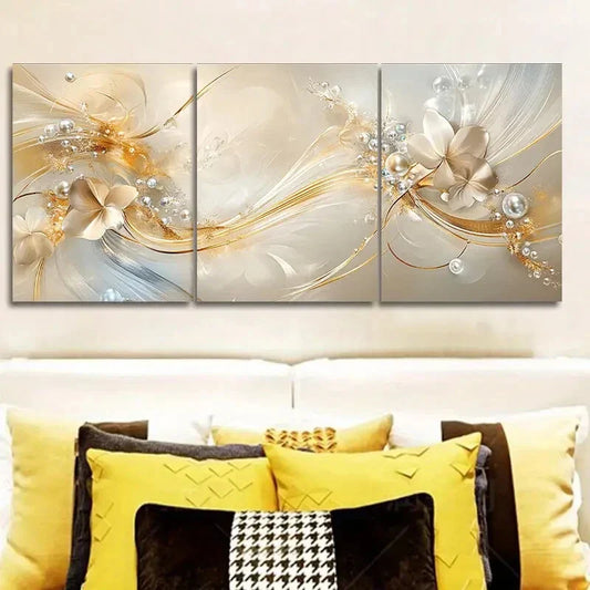 3pcs Luxurious Golden And Beige Swirls for Home Metal Print Ready to Hang Art