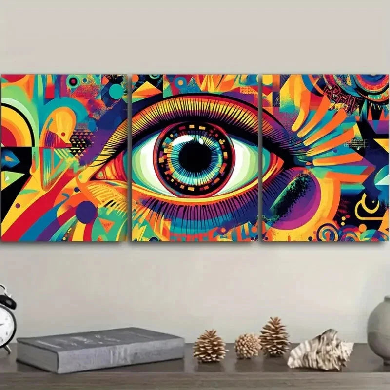 3pcs Featuring Psychedelic Rainbow Eyes, Wall Art Set Canvas Framed 40x60cm - High Quality Print 100% Australian Made Wall Canvas Ready to Hang
