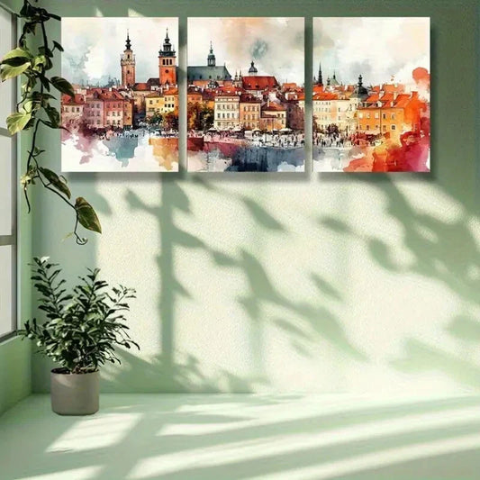 3pcs Watercolor Painting of Warsaw, Poland Metal Print Ready to Hang Art