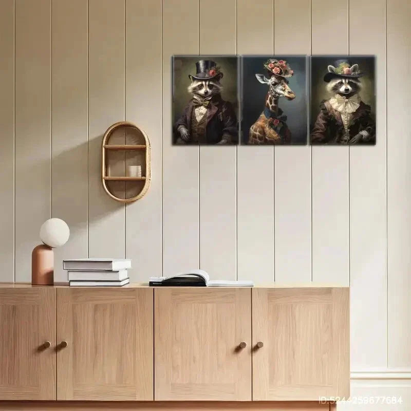 3pcs g Visual Language raccoon, giraffe, animal Metal Print Ready to Hang Art