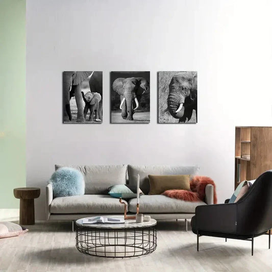 3pcs Young Elephant Family, African Animal Metal Print Ready to Hang Art