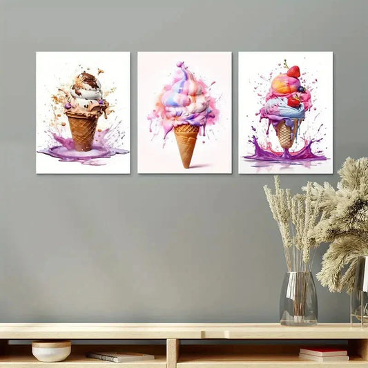 3pcs Ice Cream Colorful Food Metal Print Ready to Hang Art