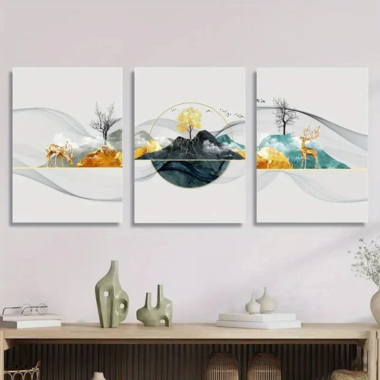 3pcs light luxury elk abstract lines, fashion Metal Print Ready to Hang Art