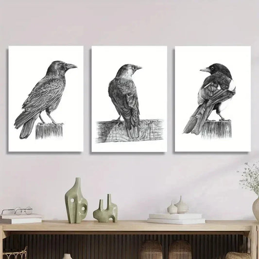3pcs Vintage black and white crow pencil drawing Metal Print Ready to Hang Art