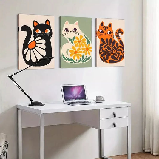 3pcs Boho Wall Art Cute Cats Artwork Plant Canvas Framed 40x60cm - High Quality Print 100% Australian Made Wall Canvas Ready to Hang