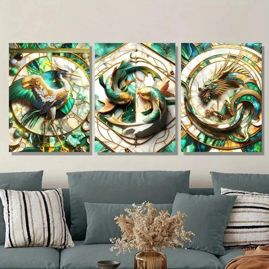 3pcs Japanese Crane, Dragon, and Koi Metal Print Ready to Hang Art