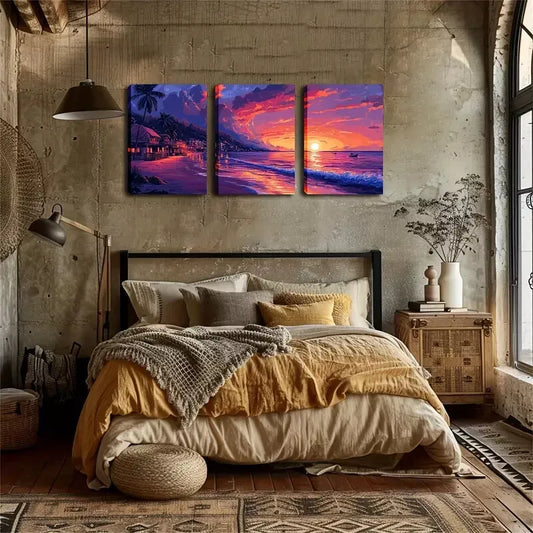 3pcs Beach Scene with Palm Trees & Sunset Wall Art Set Canvas Framed 40x60cm - High Quality Print 100% Australian Made Wall Canvas Ready to Hang