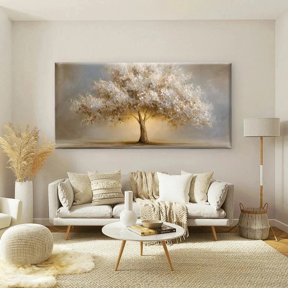 Soft Neutral Glowing Tree Wall Art Canvas Office Home Room Framed 80x45cm