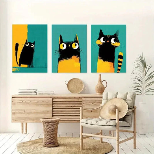 3pcs Modern Black & Yellow Cat Animal Metal Print Ready to Hang Art
