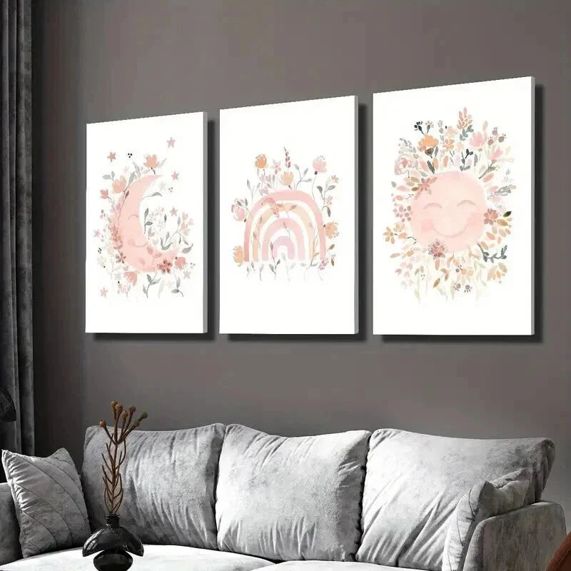 3pcs Moon Rainbow Sun Full of Flowers Wall Art Set Canvas Framed 40x60cm - High Quality Print 100% Australian Made Wall Canvas Ready to Hang
