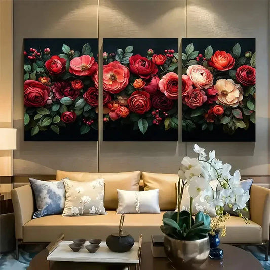 3pcs Opulent Floral Rose and Peony Bouquet Metal Print Ready to Hang Art