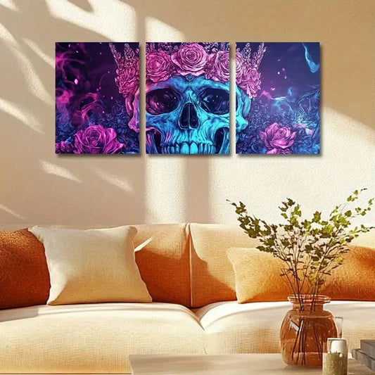 3pcs Skull wore a Crown of Roses Metal Print Ready to Hang Art